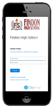 iPhone screen of the Daymap parent portal sign page for Findon High School.